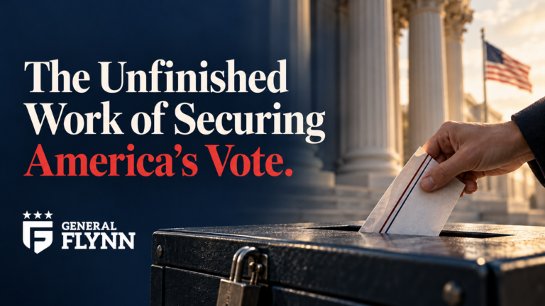 A hand places a ballot into a locked ballot box beside the headline “The Unfinished Work of Securing America’s Vote,” with the General Flynn logo, government columns, and an American flag in the background.