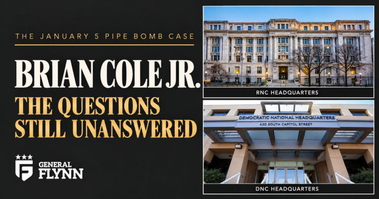 Brian Cole Jr article graphic featuring RNC and DNC headquarters with the General Flynn logo